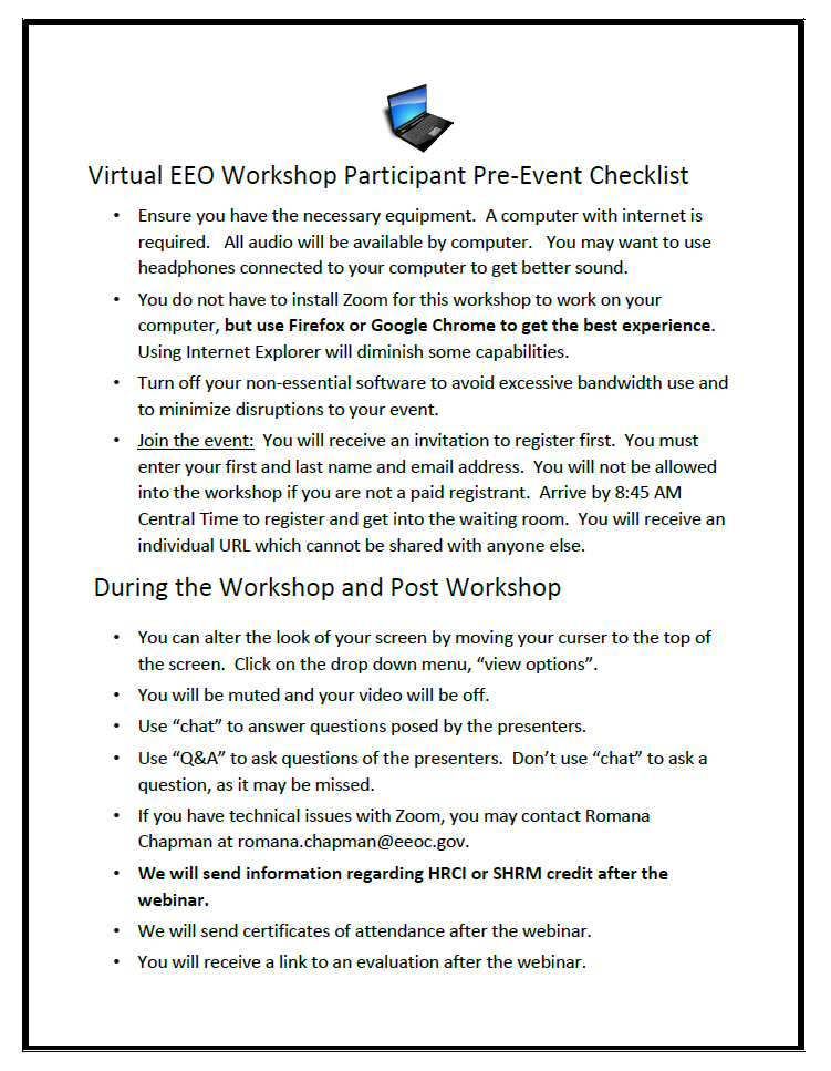 Virtual EEO Workshop Participant Pre-Event Checklist